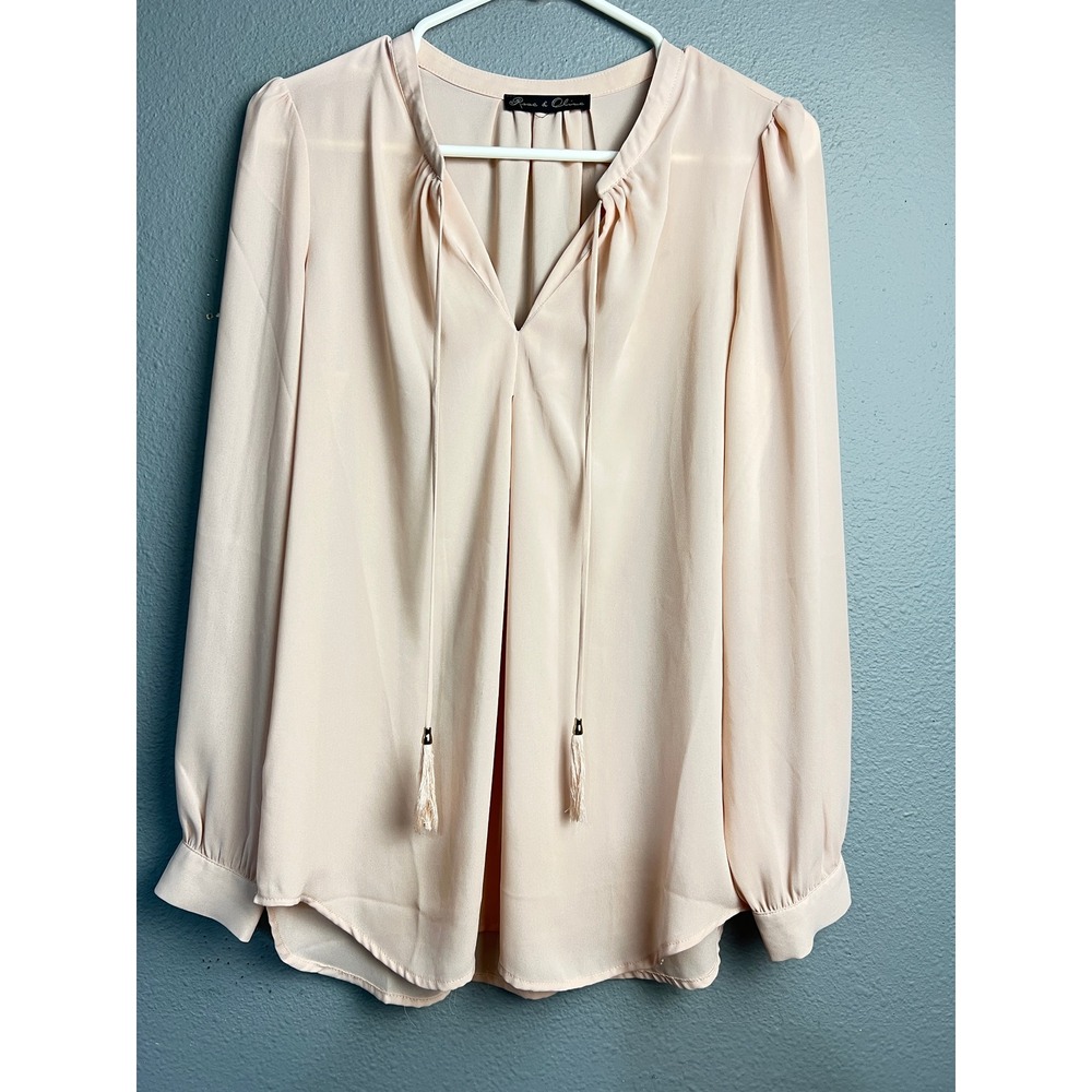 Rose & Olive Blush Med Pink Tassel Tie V-Neck Long SL Semi Sheer Chiffon Blouse